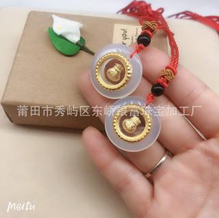 金镶玉玉髓时来运转 足金福袋吊坠 足金3d天然和田玉镶嵌挂件