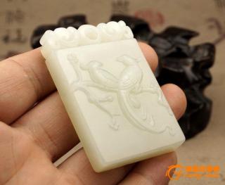 苏工和田玉白玉喜上梅梢方牌子 双面手工雕双喜临门牌子